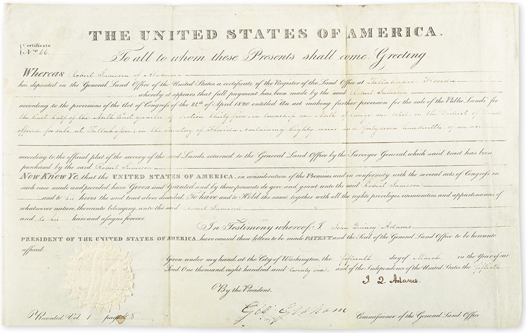 ADAMS, JOHN QUINCY. Partly-printed vellum Document Signed, J.Q. Adams, as President,